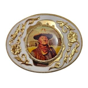 Rockmount Ranch Wear “John Wayne” Blue Ribbon Belt Buckle – Gold and White Ename